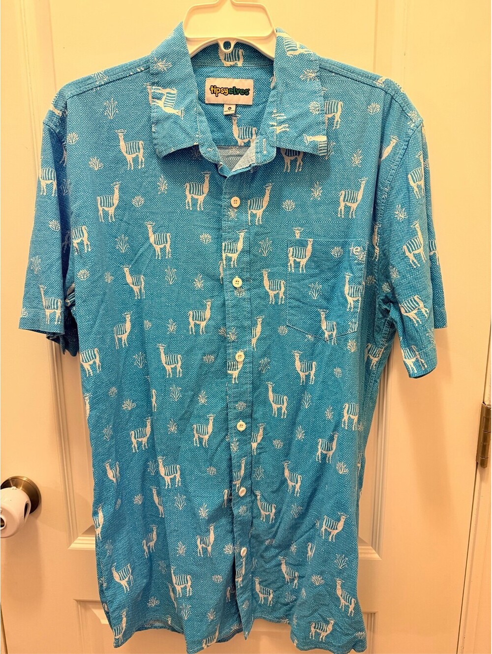 Tipsy Elves Mens Blue Llama Print Short Sleeve Button Down Shirt XL